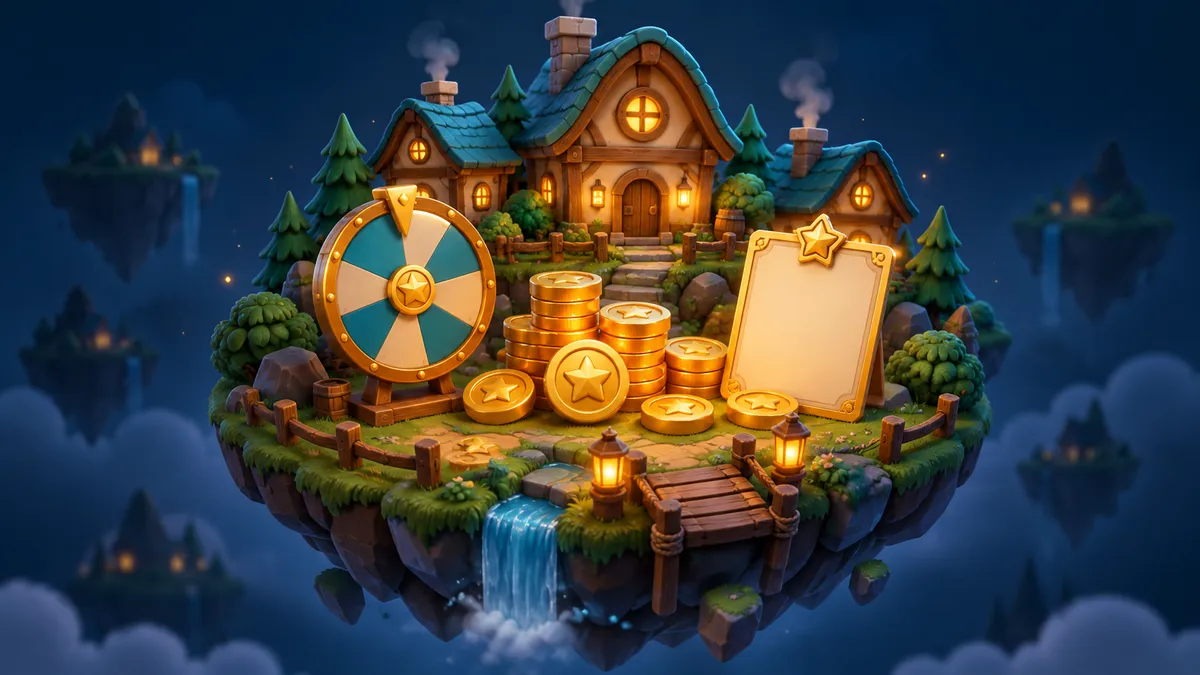 Original Coin Master tools illustration featuring gold coins, a reward wheel and miniature village