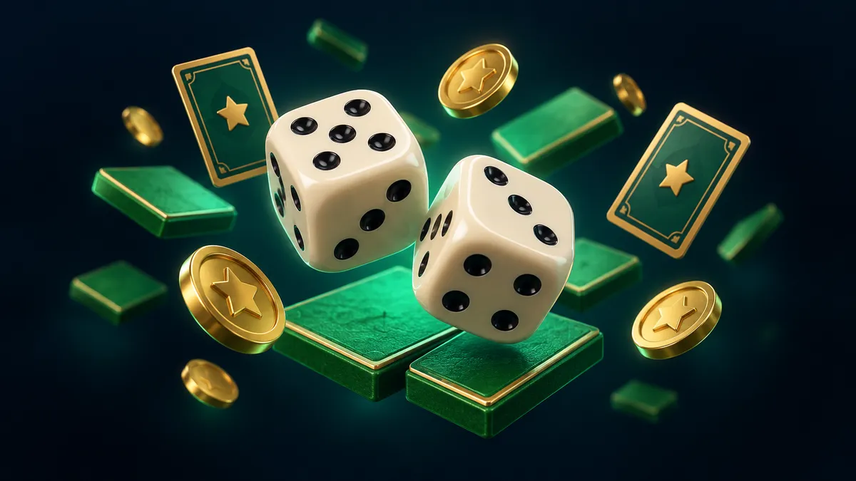 Original MONOPOLY GO tools illustration featuring dice, green board tiles and reward cards